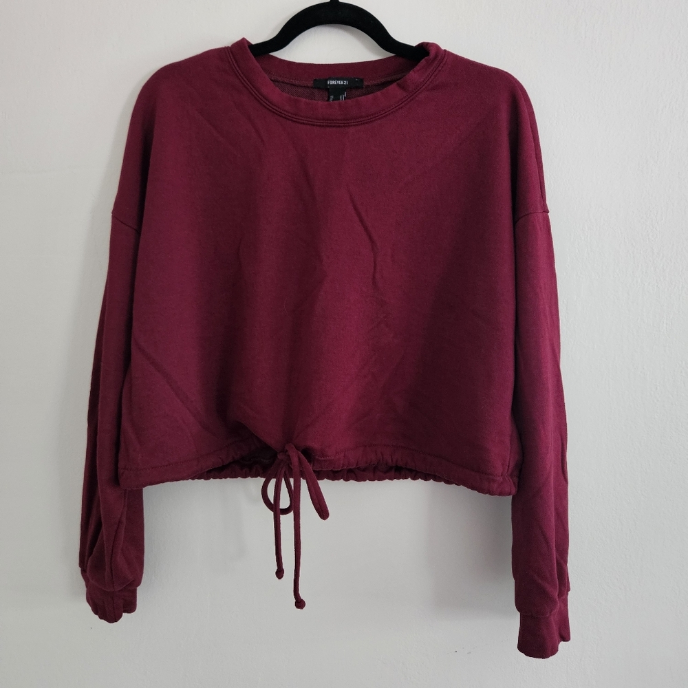 Forever 21 Red Crop Tie Front Sweatshirt Top Drawstring Cozy Cotton Blend Medium